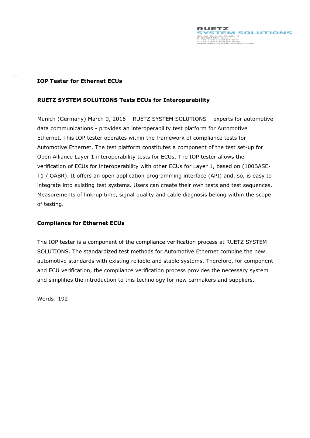 RUETZ SYSTEM SOLUTIONS Tests Ecus for Interoperability