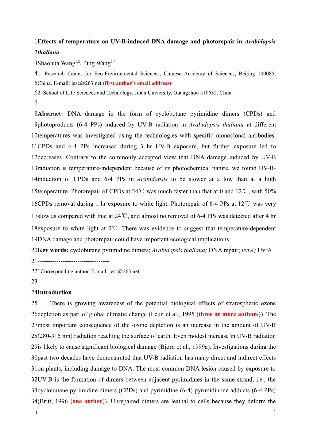 Effects of Temperature on UV-B-Induced DNA Damage and Photorepair in Arabidopsis Thaliana