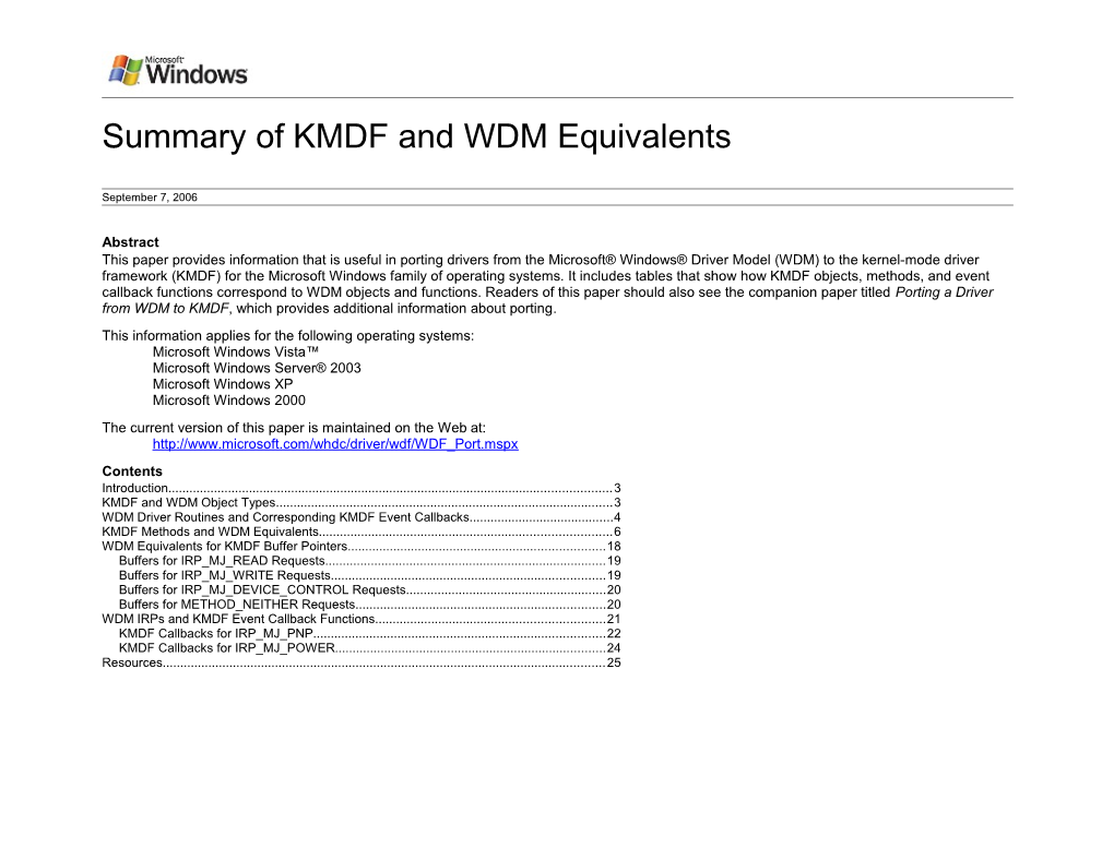 Summary of KMDF and WDM Equivalents