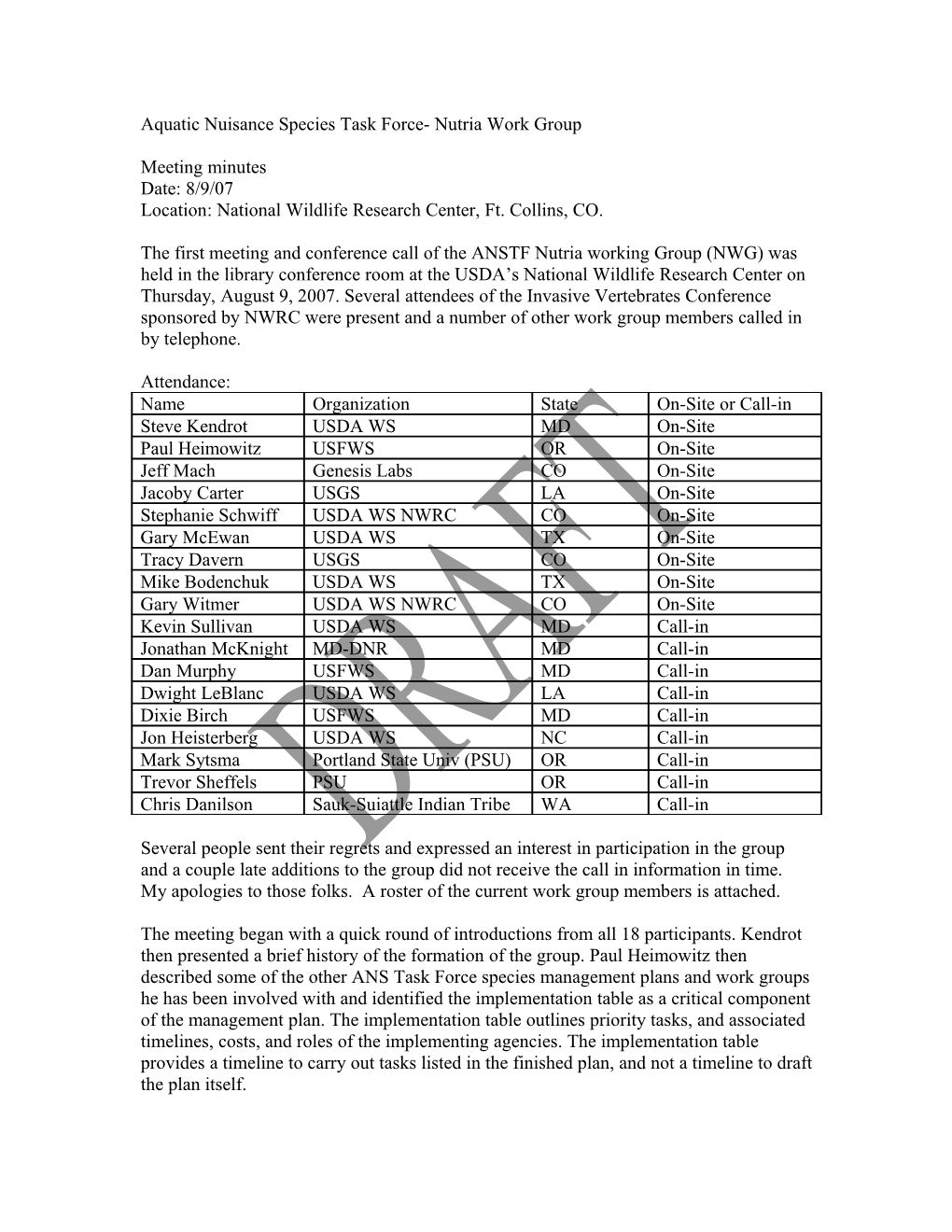 Aquatic Nuisance Species Task Force- Nutria Work Group