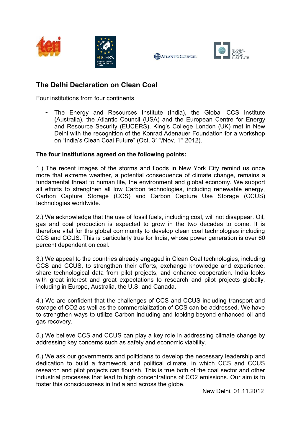 The Delhi Declaration on Clean Coal