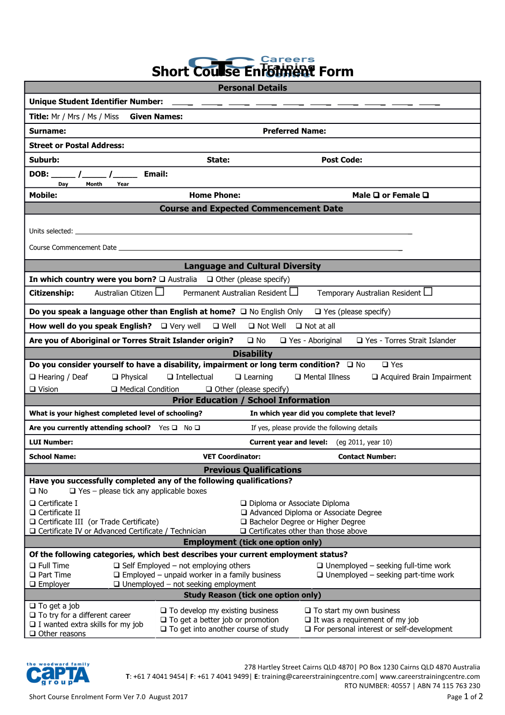 Short Course Enrolment Form