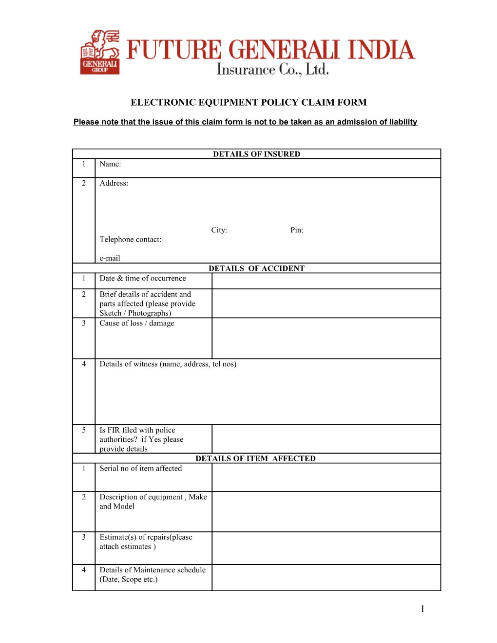 Electronic Equipment Policy Claim Form