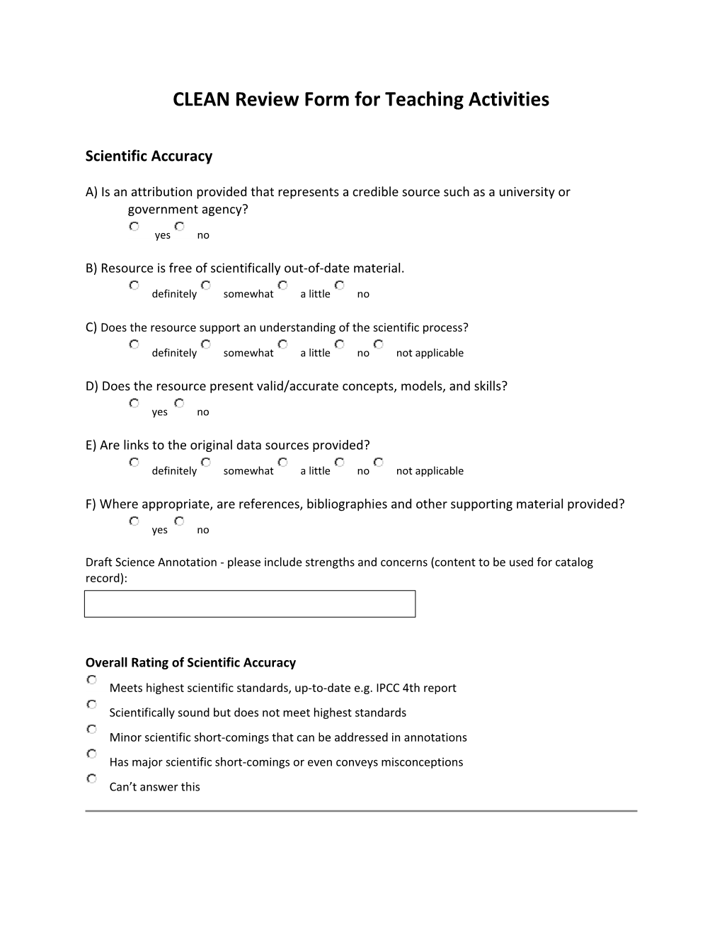 CLEAN Review Form for Teaching Activities