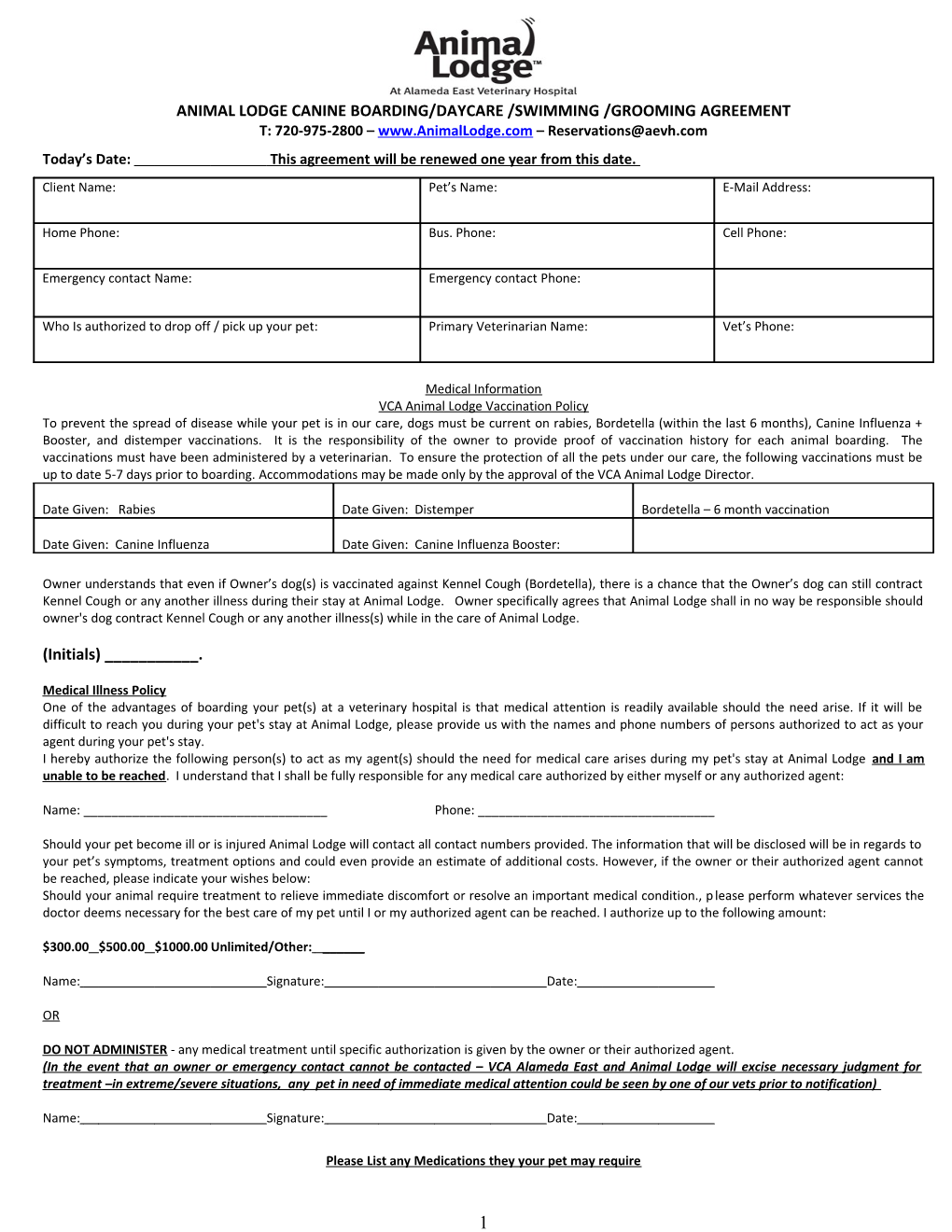 Animal Lodge Canine Boarding/Daycare /Swimming /Grooming Agreement