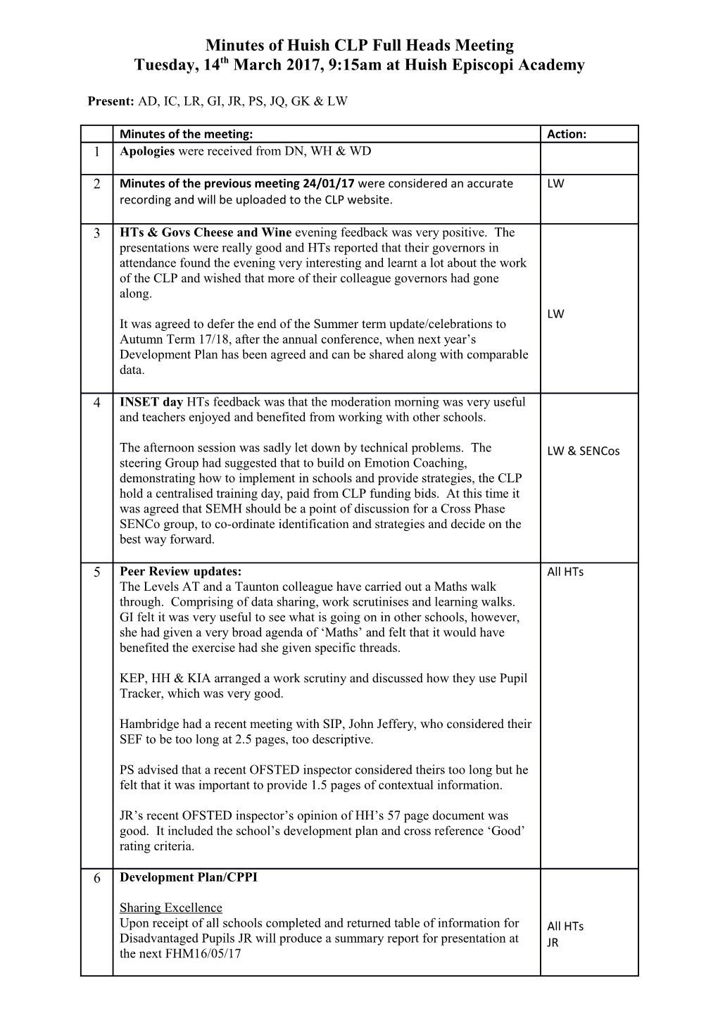 Minutes of Huish CLP Full Heads Meeting