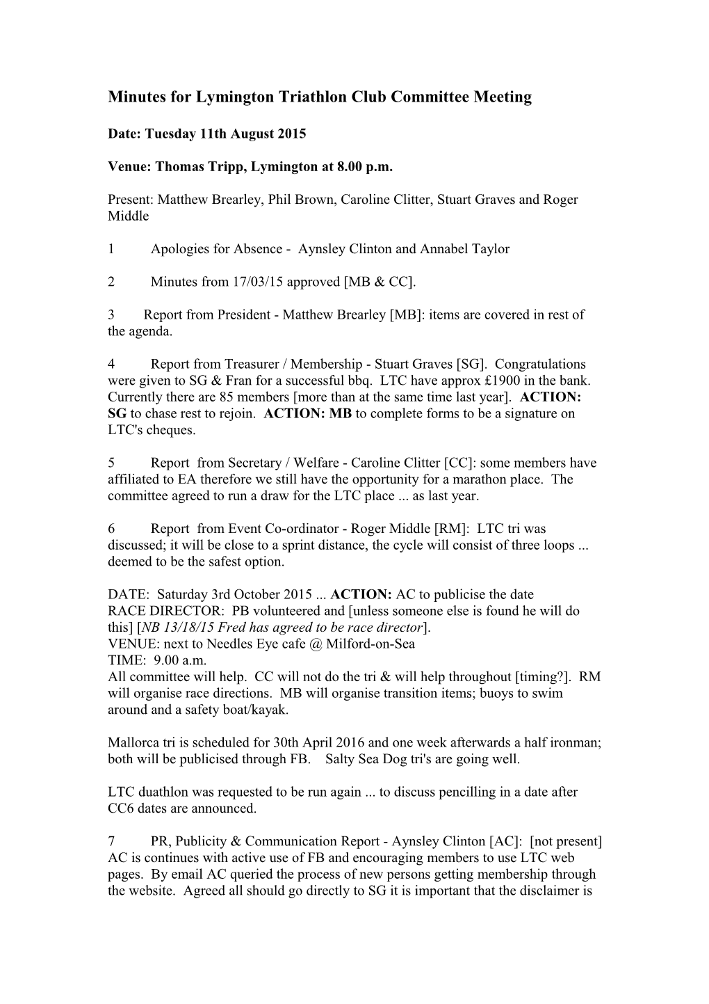 Minutes for Lymington Triathlon Club Committee Meeting
