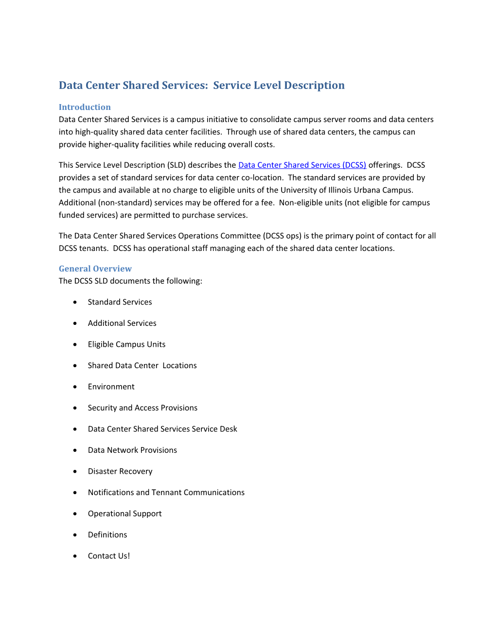 Data Center Shared Services: Service Level Description