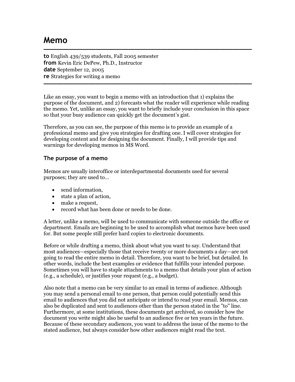 Memo Toenglish 439/539 Students, Fall 2005 Semester Fromkevin Eric Depew, Ph.D., Instructor