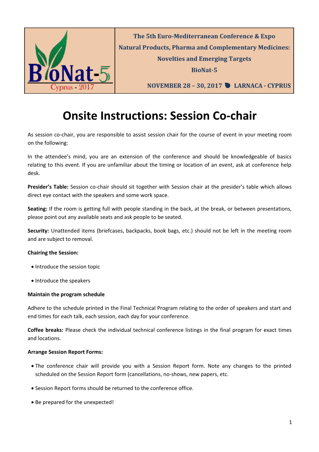 Onsite Instructions: Session Co-Chair