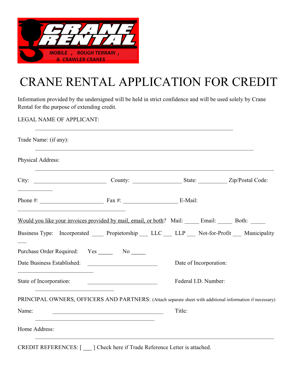 Crane Rental Application for Credit