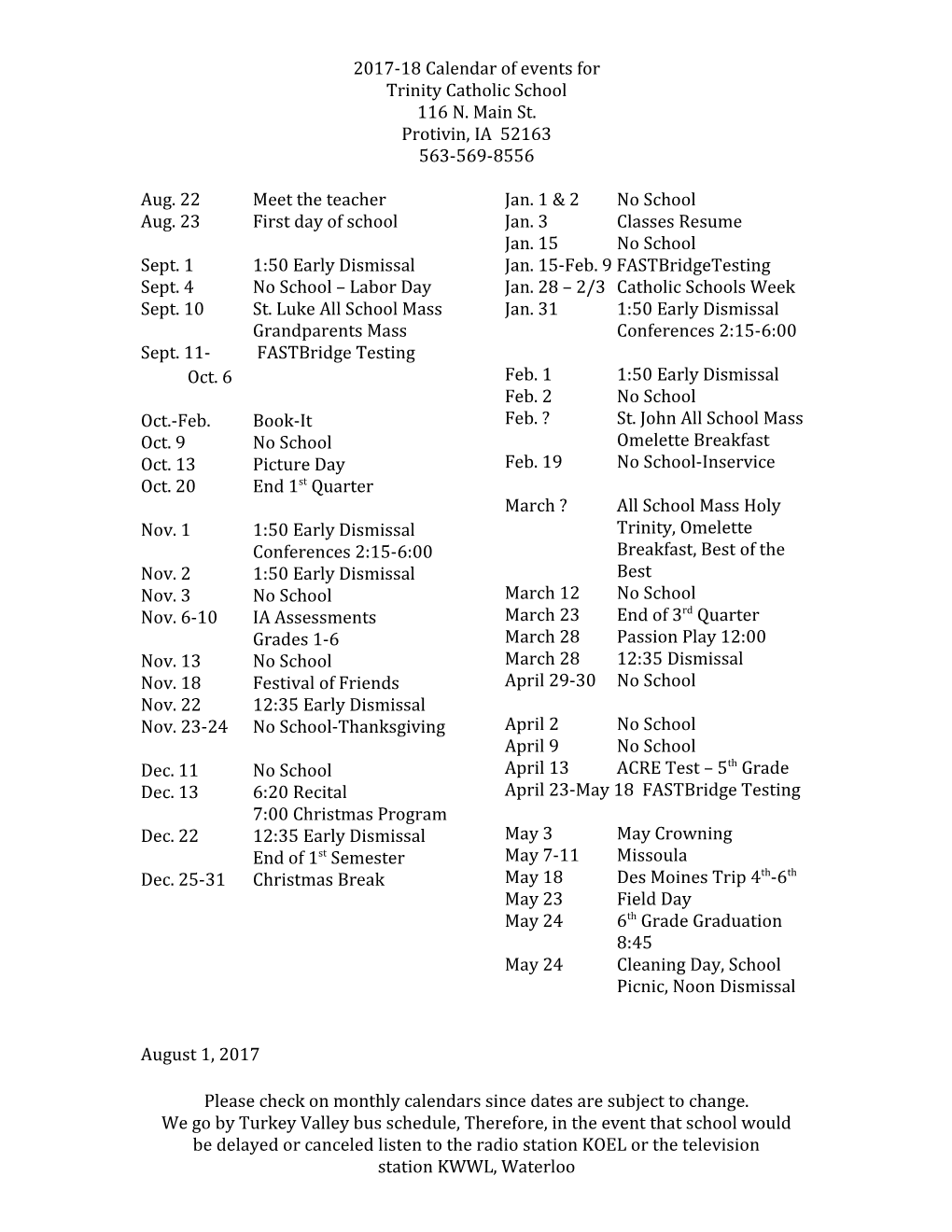 2017-18 Calendar of Events For