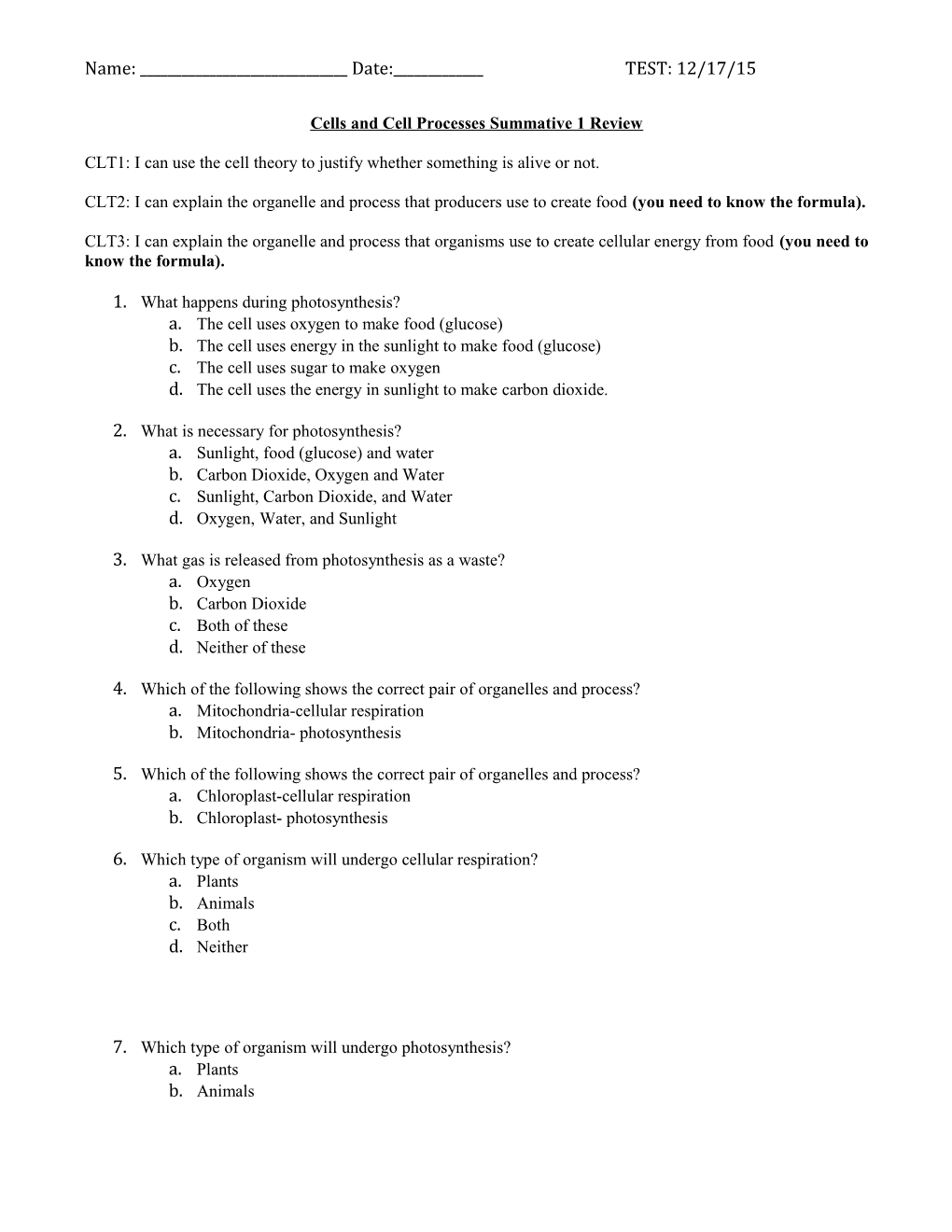 Cells and Cell Processes Summative 1 Review