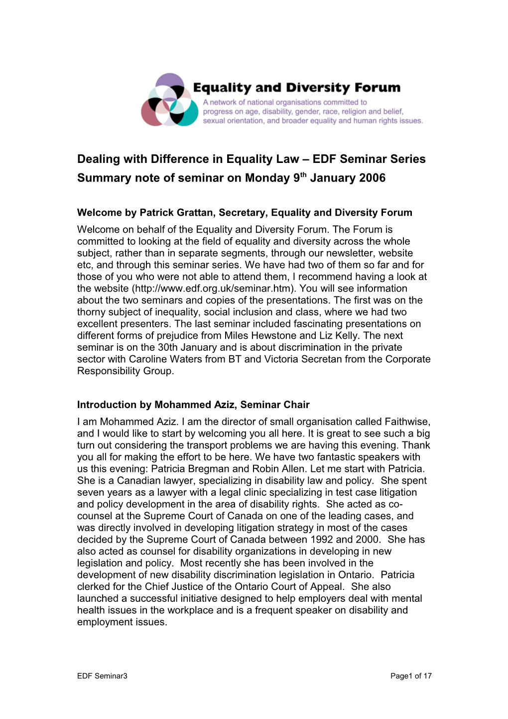 Dealing with Difference in Equality Law EDF Seminar Series