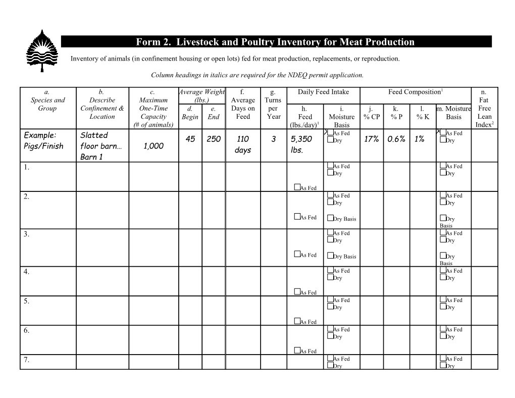 Column Headings in Italics Are Required for the NDEQ Permit Application