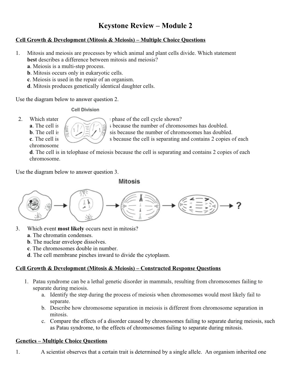 Cell Growth & Development (Mitosis & Meiosis) Multiple Choice Questions s1