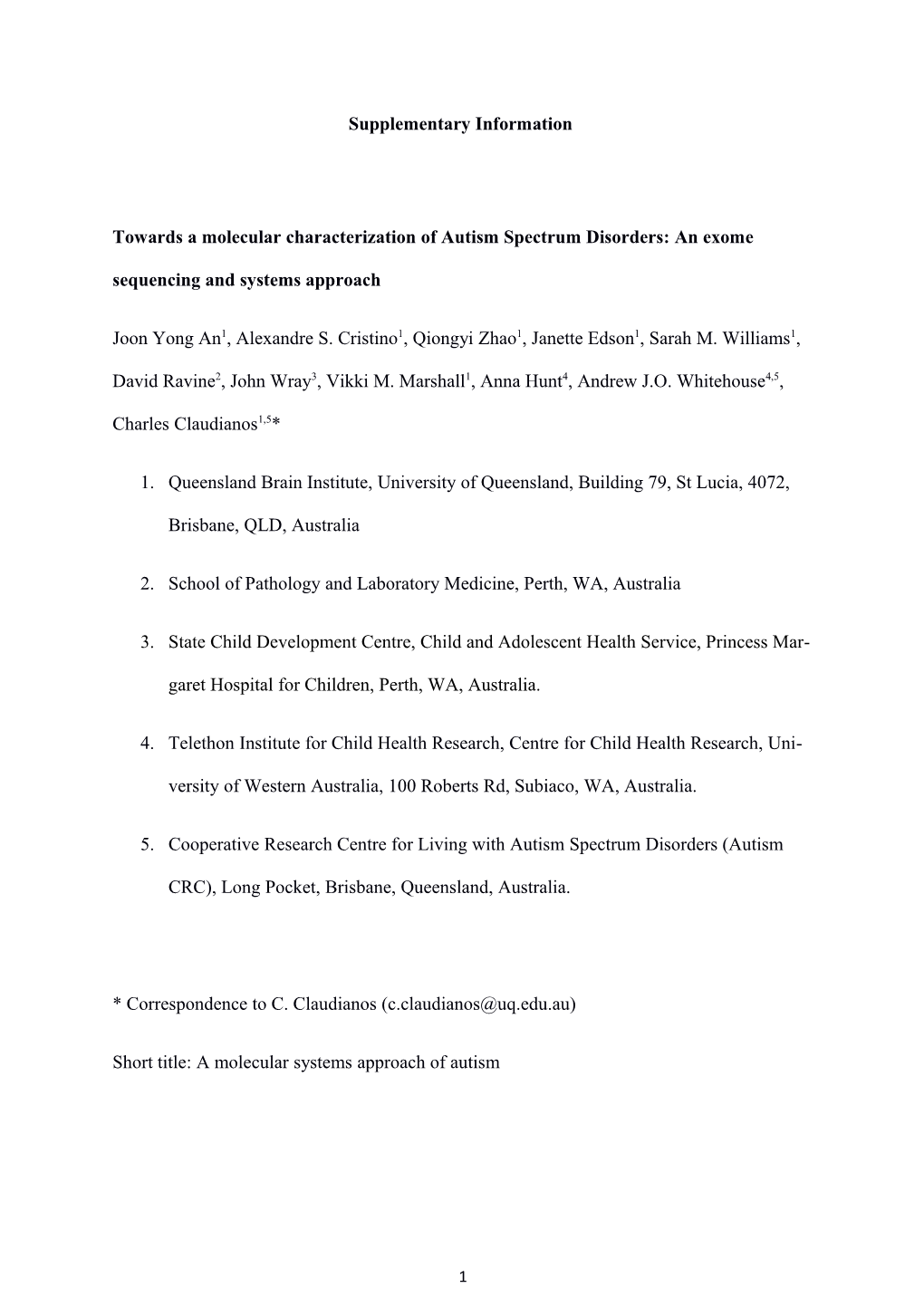 Towards a Molecular Characterization of Autism Spectrum Disorders: an Exome Sequencing