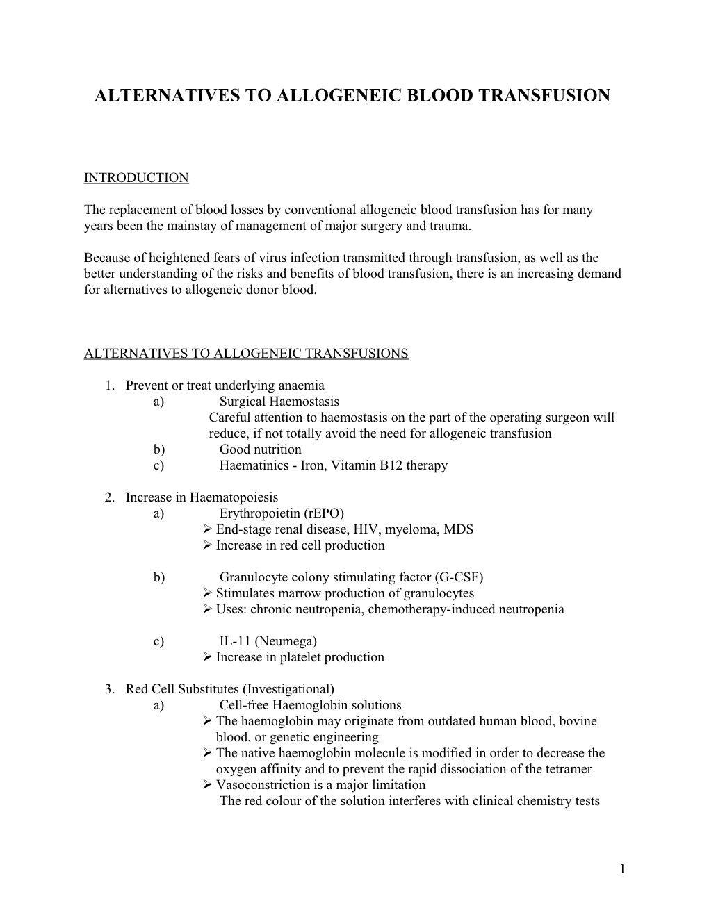 Alternatives to Allogenic Blood Transfusion I