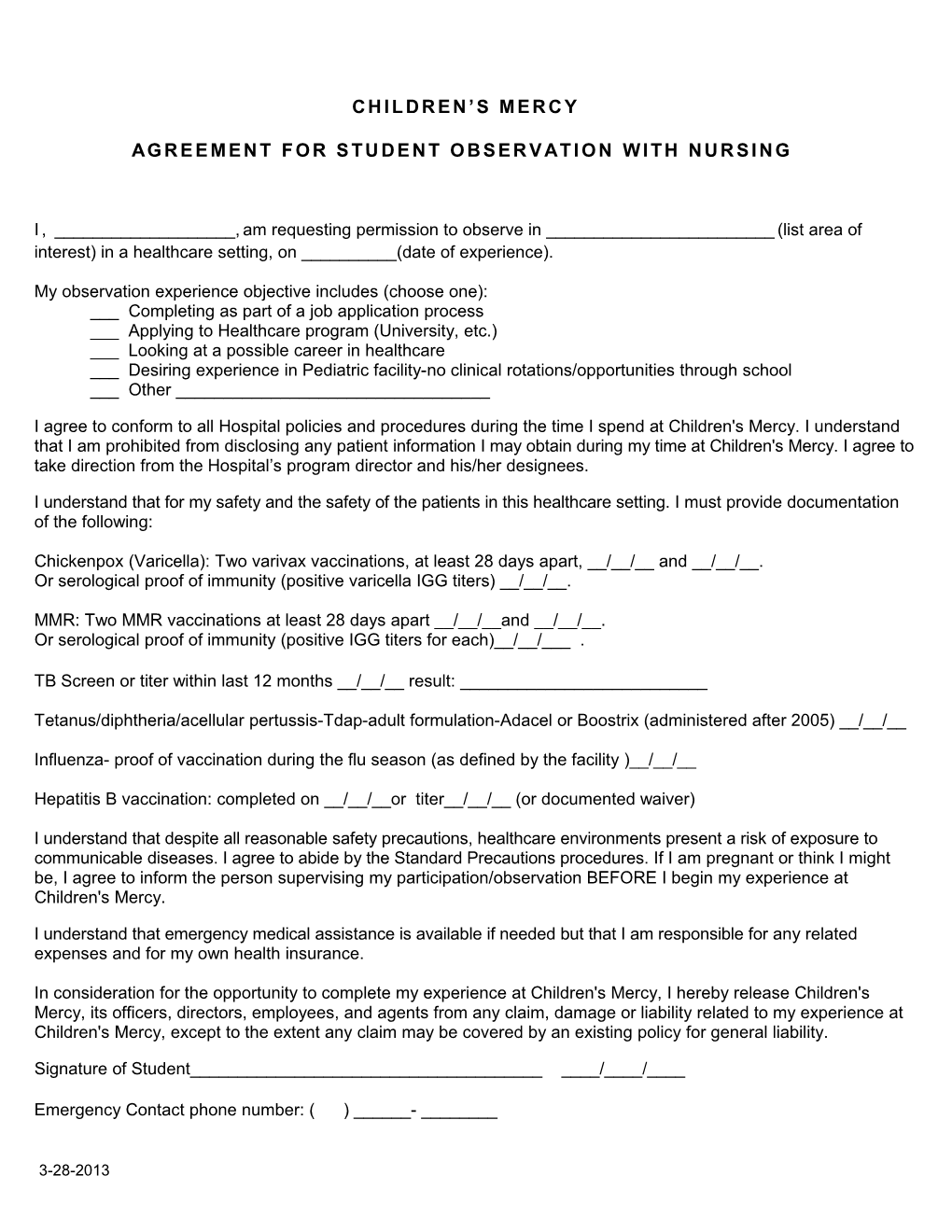 Agreement for Student Participation/Observation