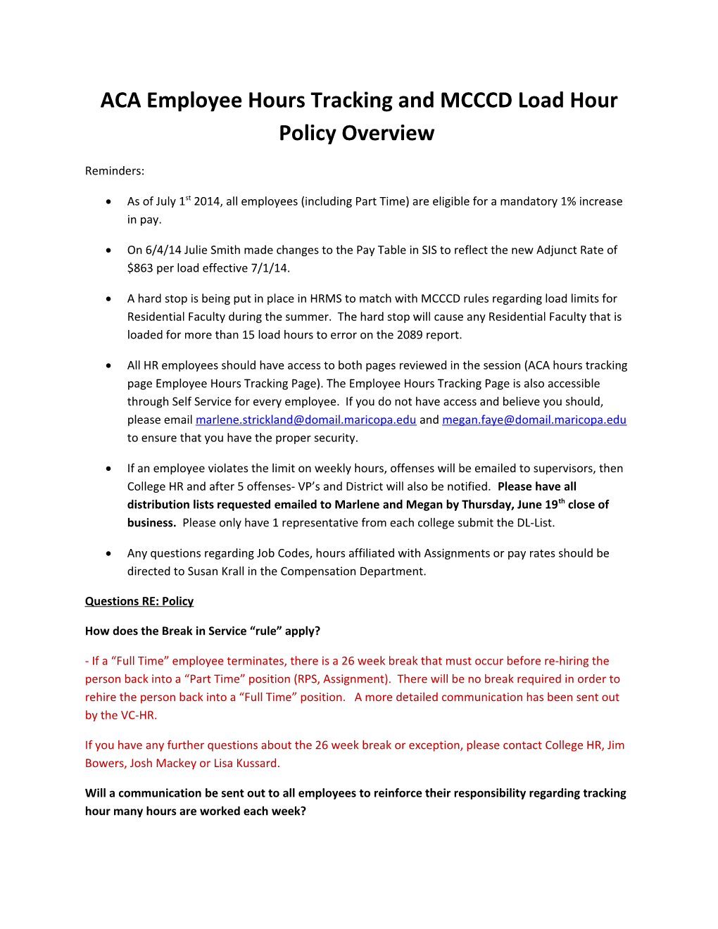 ACA Employee Hours Tracking and MCCCD Load Hour Policy Overview