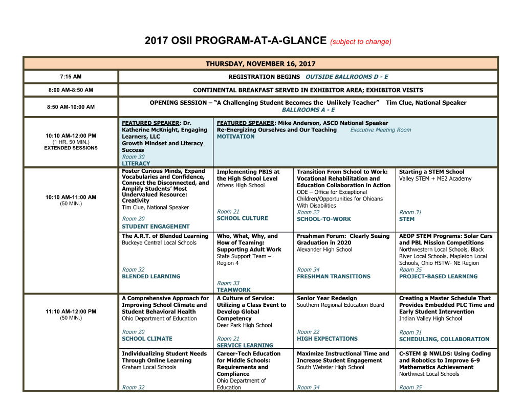 2017 OSII PROGRAM-AT-A-GLANCE (Subject to Change)
