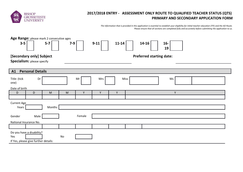 Primary and Secondary Application Form