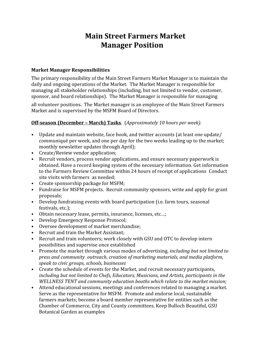 Market Manager Responsibilities