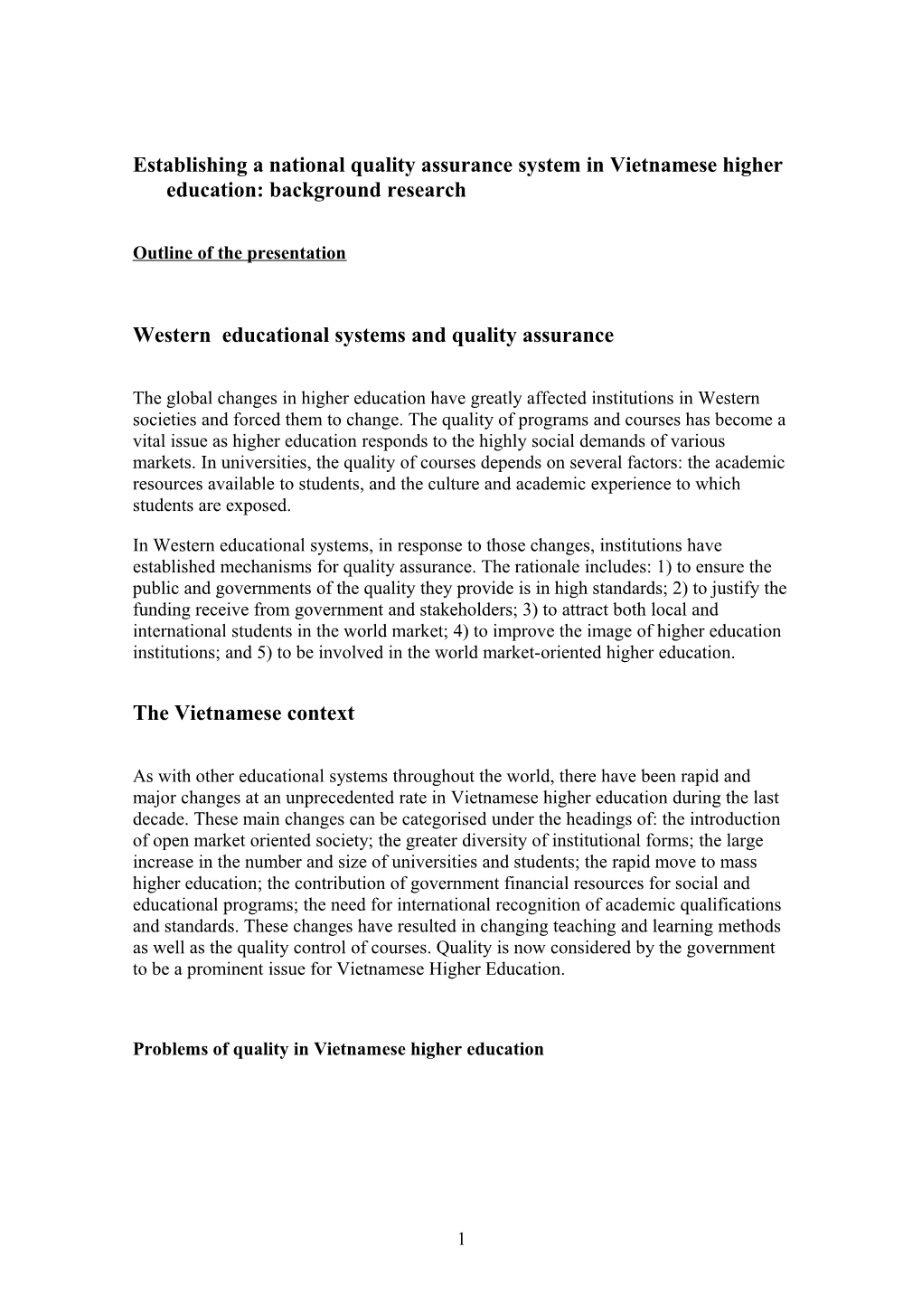 Establishing a National Quality Assurance System in Vietnamese Higher Education: a Background