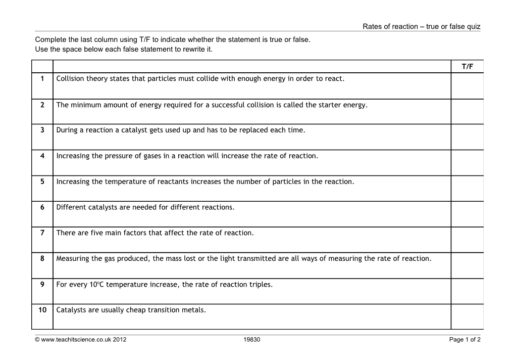 Rates of Reaction True Or False Quiz