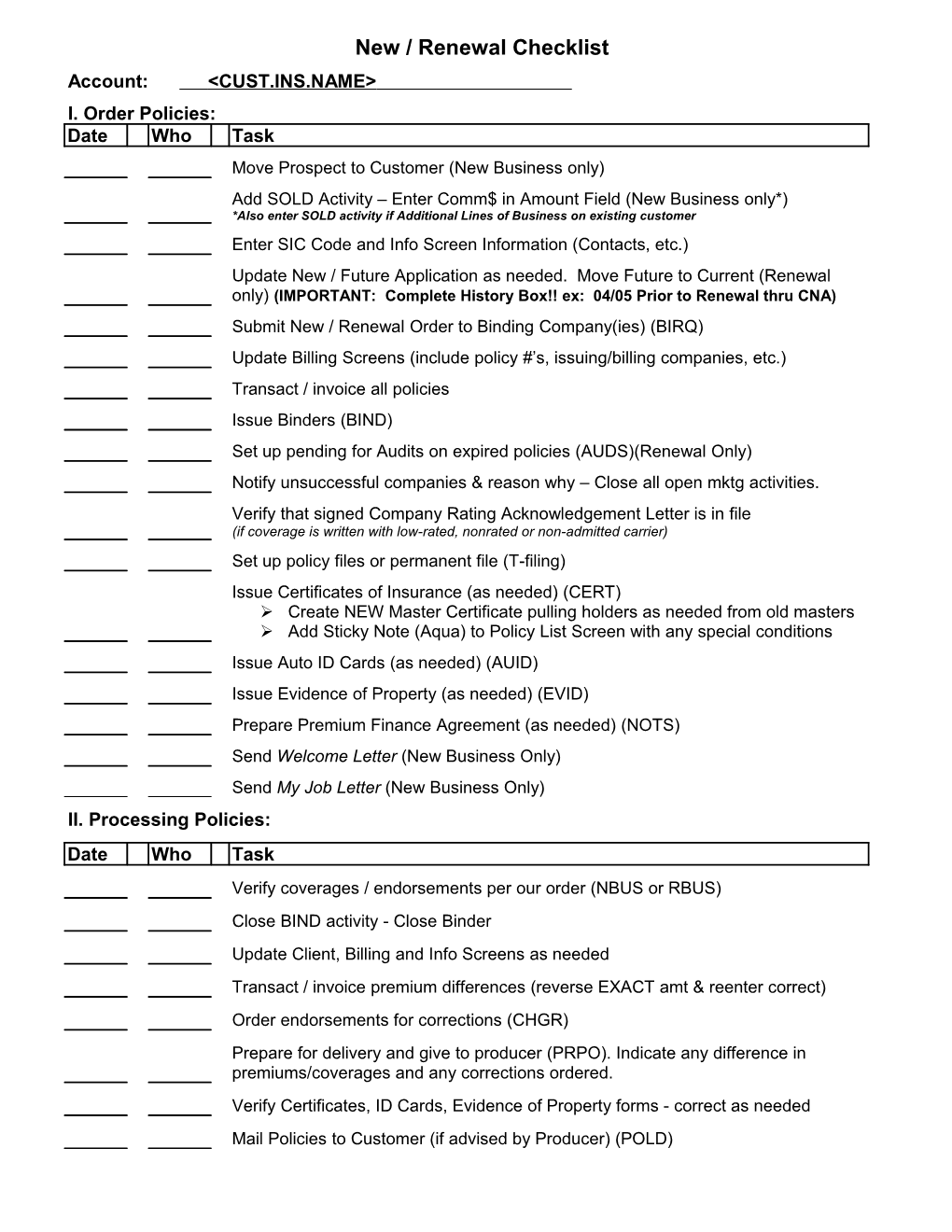 New / Renewal Checklist