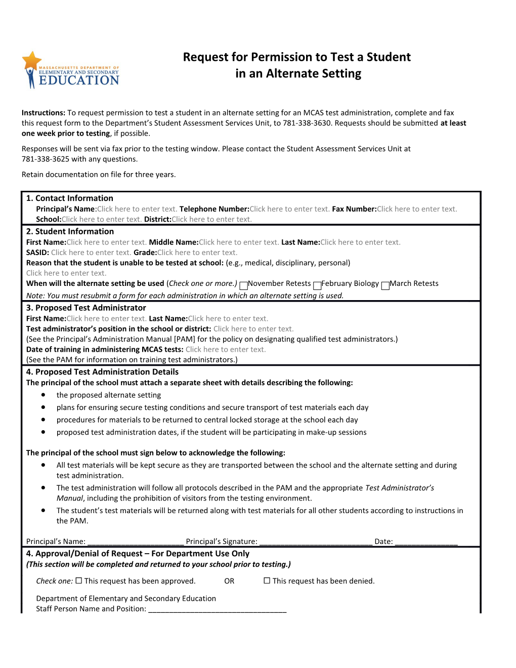 Request for Permission to Test a Student in an Alternate Setting