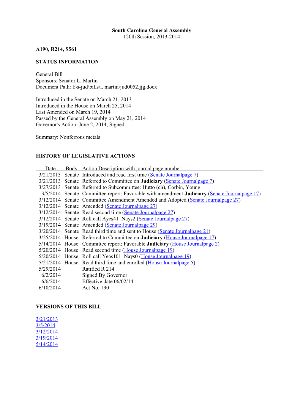 2013-2014 Bill 561: Nonferrous Metals - South Carolina Legislature Online