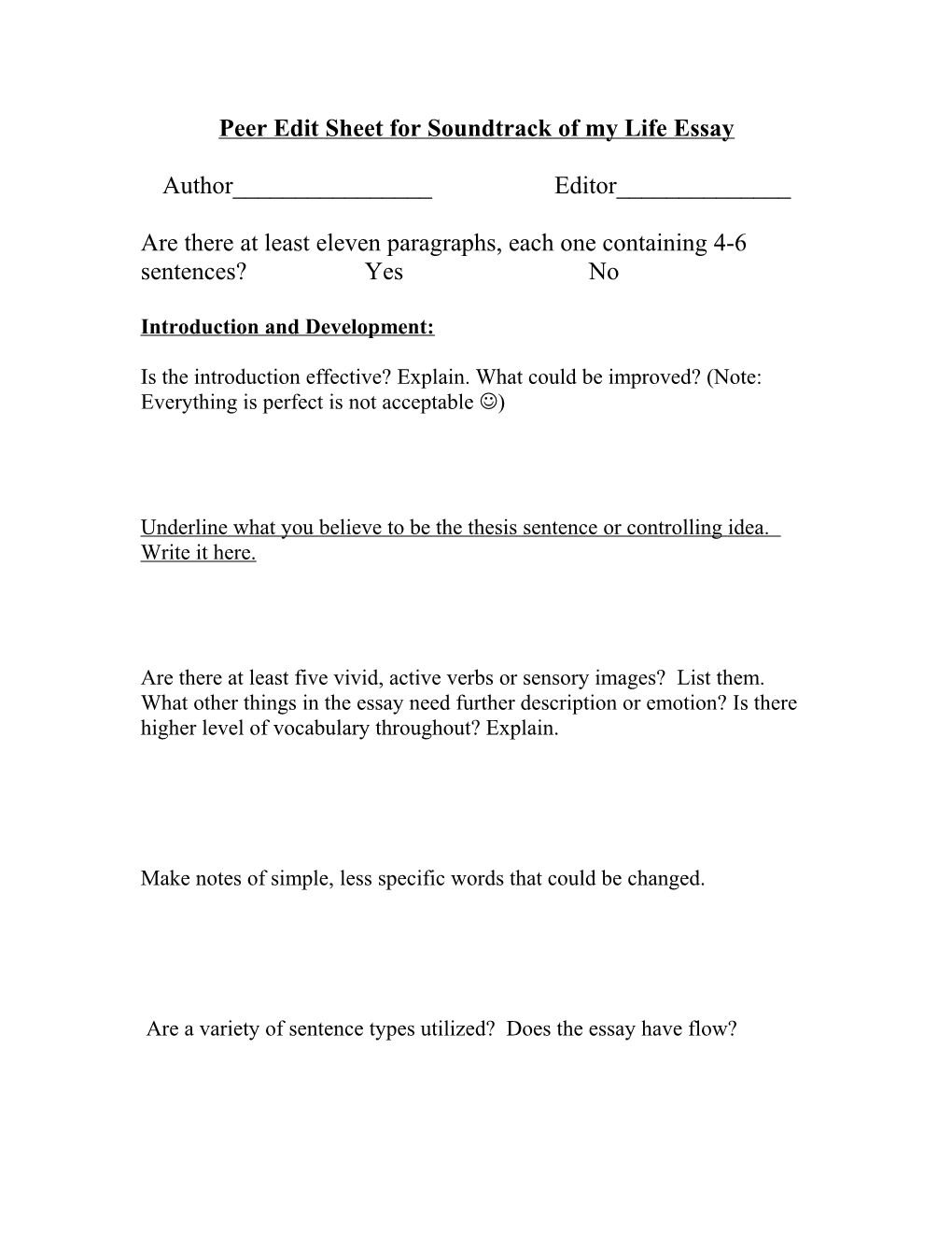 Peer Edit Sheet for Personal Narrative Essay