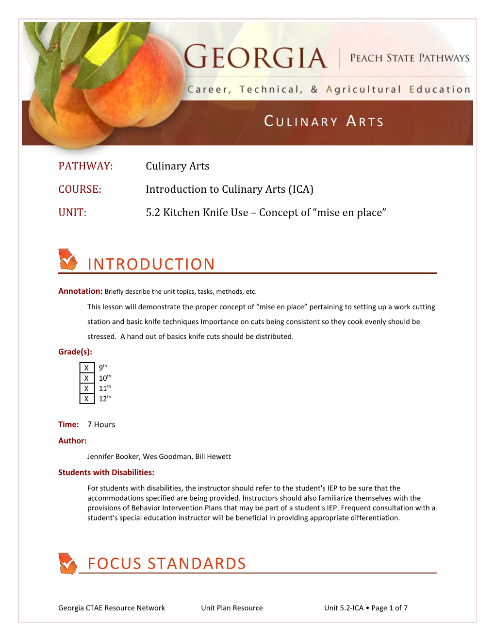 COURSE: Introduction to Culinary Arts (ICA)