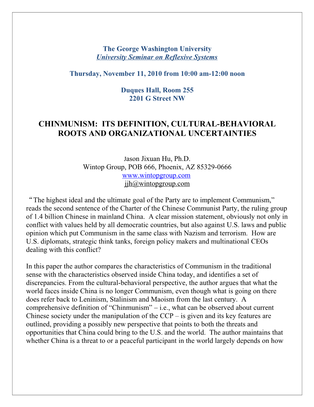 Abstract for University Seminar on Reflexive Systems at George Washington University, Feb s1