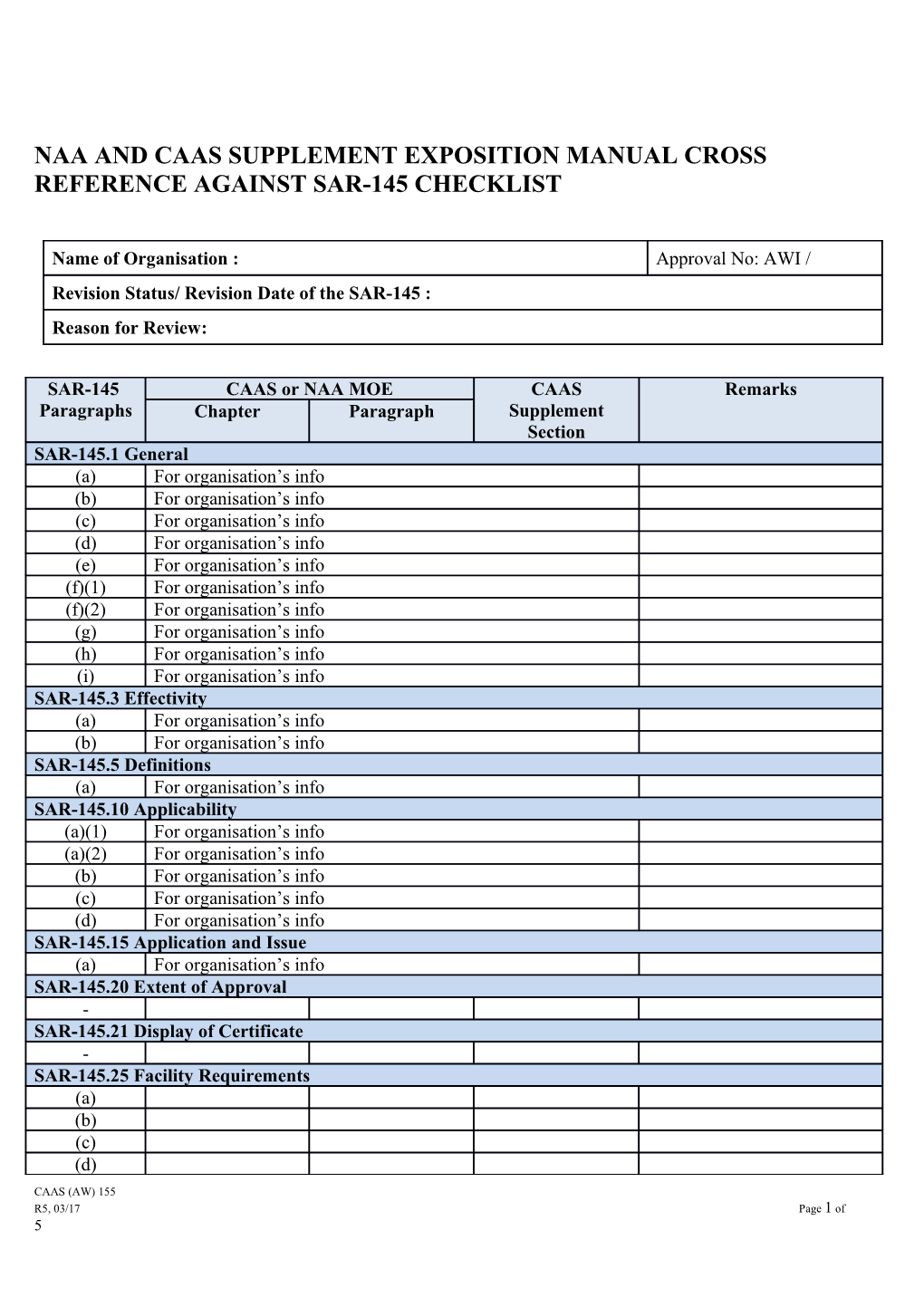 Naa and Caas Supplementexposition Manual Cross Reference Against Sar-145 Checklist