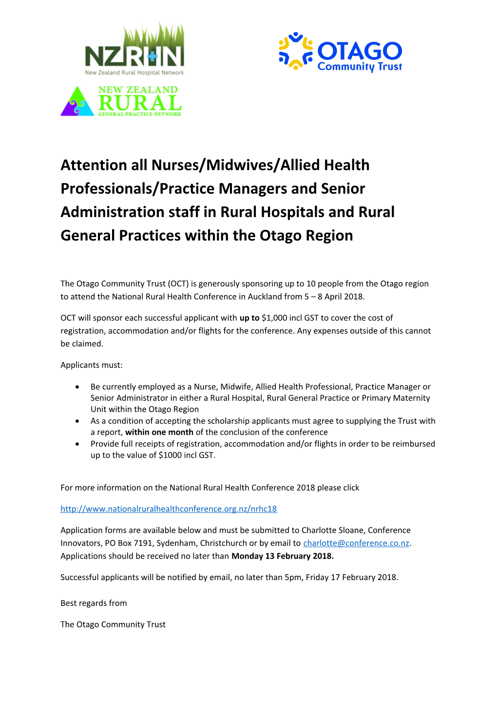 Kaipara Project Nurse Group Rural Retention Fund Application Form for Nurses Who Are Working