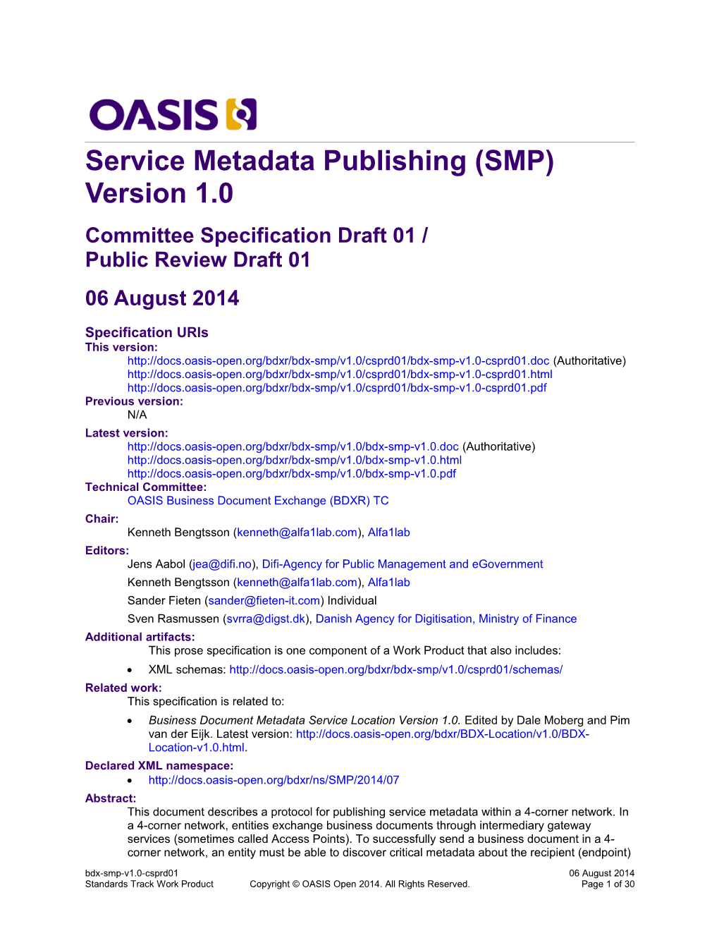 Service Metadata Publishing (SMP) Version 1.0