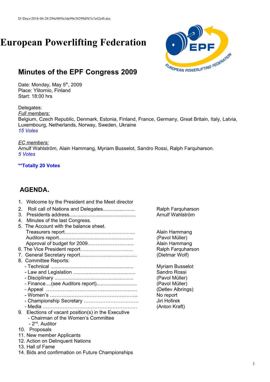 Minutes of the EPF Congress 2009