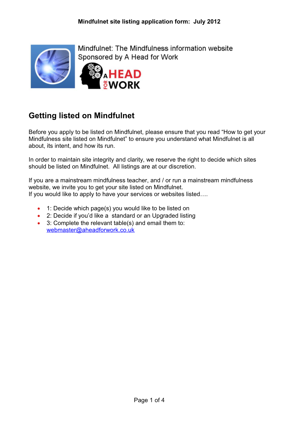 Mindfulnet Site Listing Application Form: July 2012