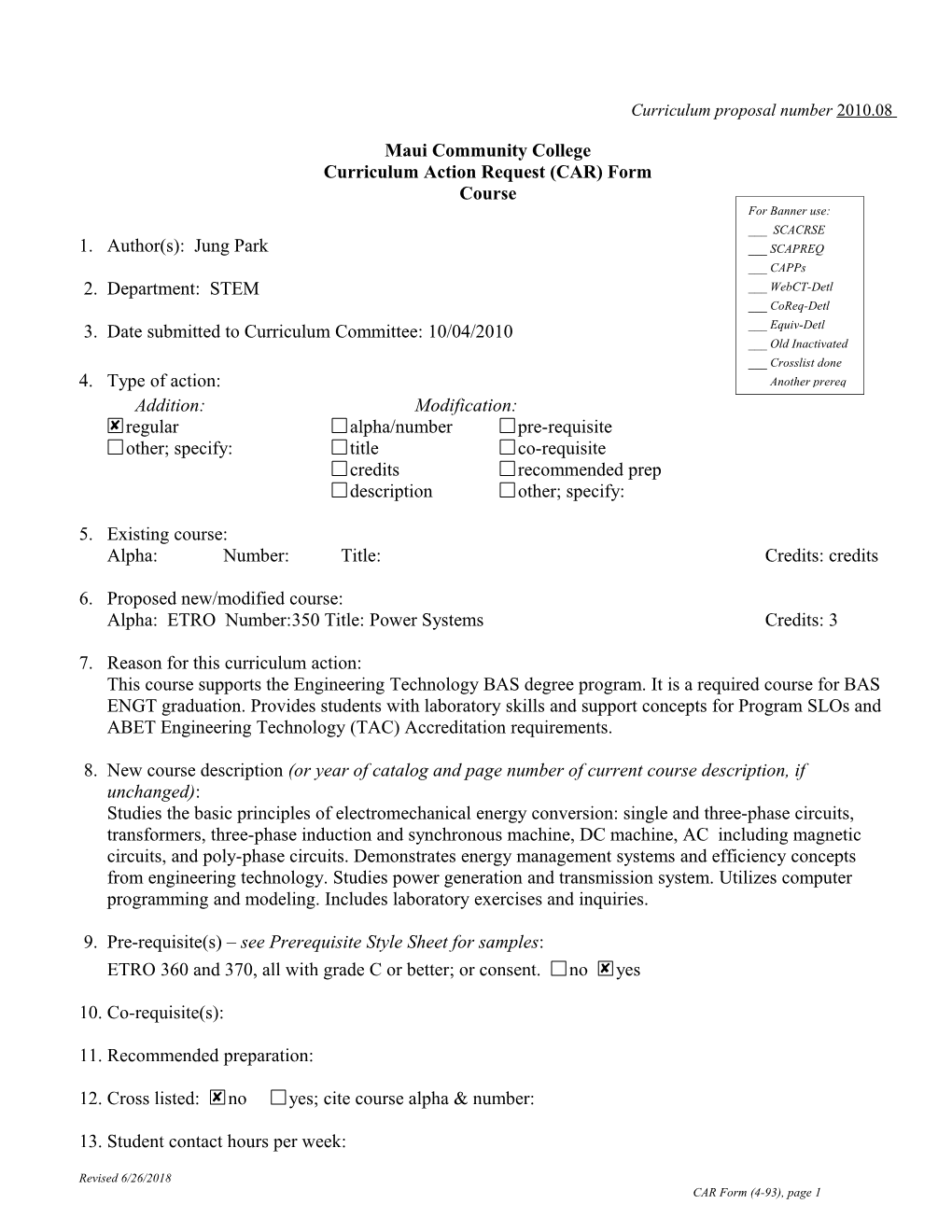 Curriculum Proposal No s1