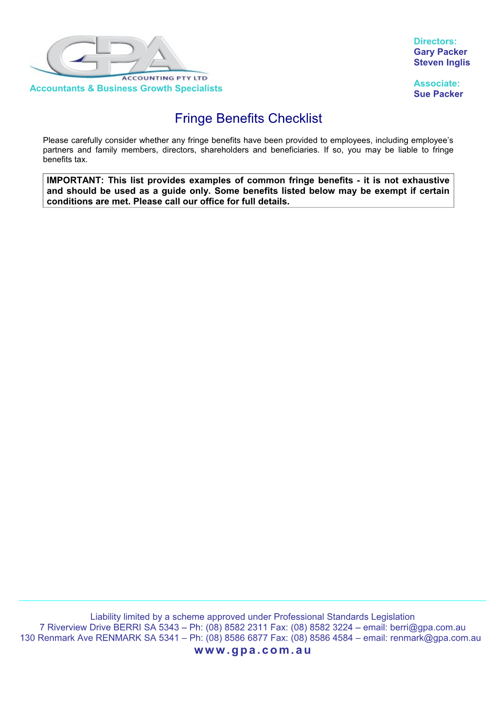 Fringe Benefits Checklist