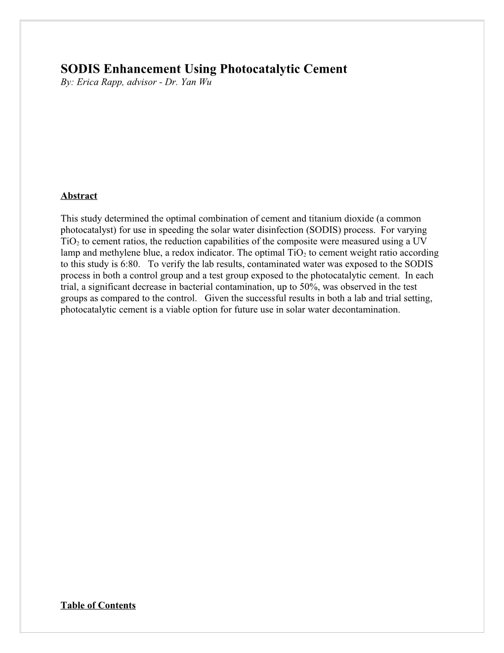 SODIS Enhancement Using Photocatalytic Cement