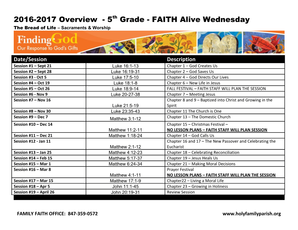 2016-2017 Overview - 5Th Grade - FAITH Alive Wednesday