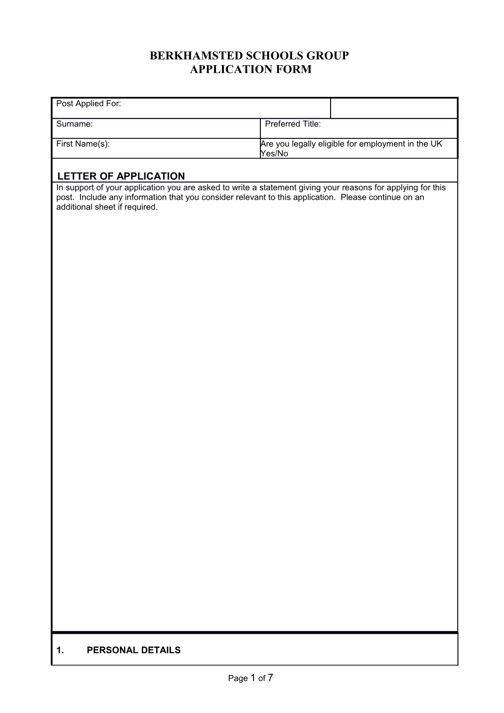 Berkhamsted Application Form