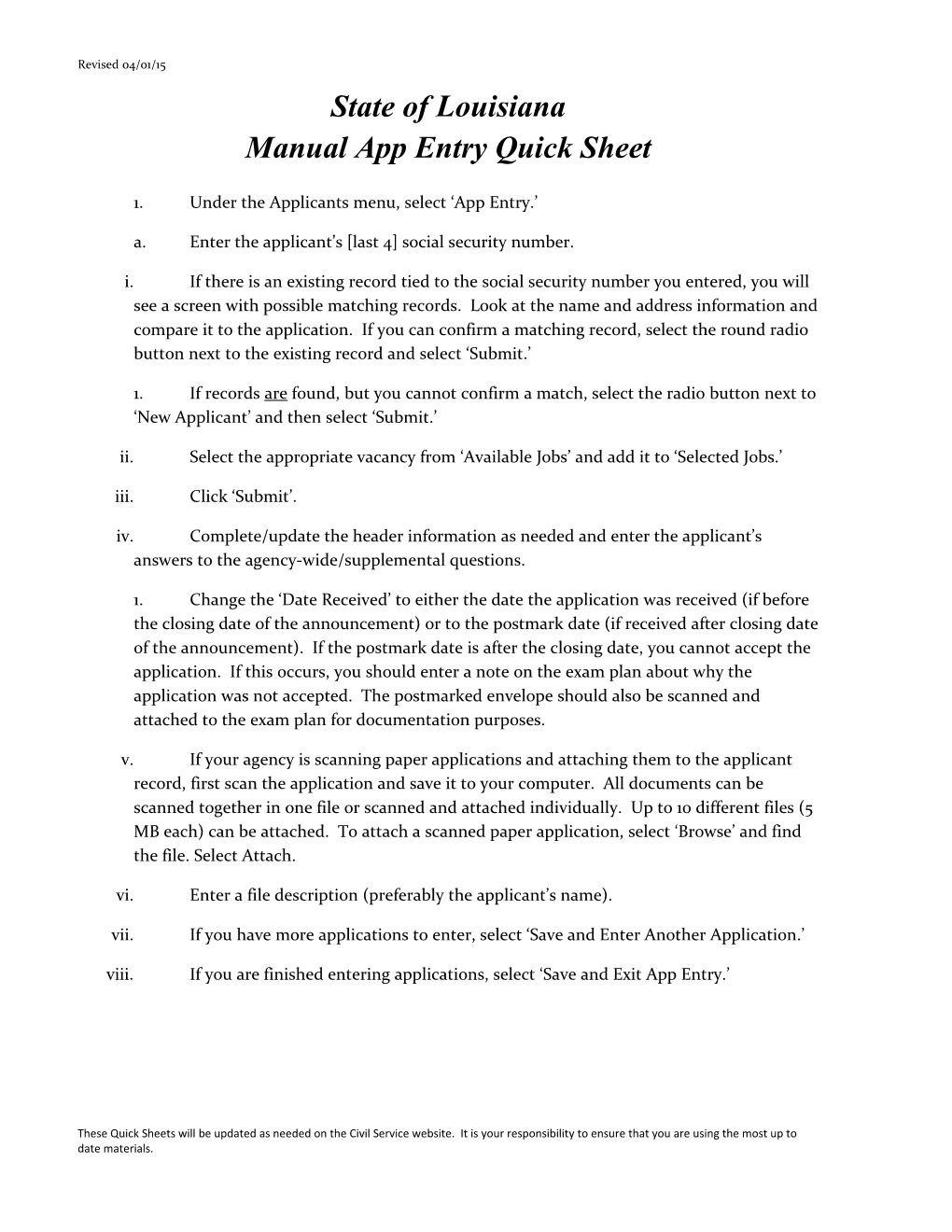 State of Louisiana Manual App Entry Quick Sheet