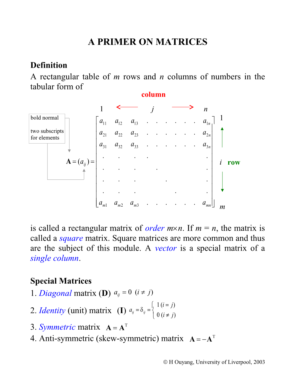 Primer on Matrices