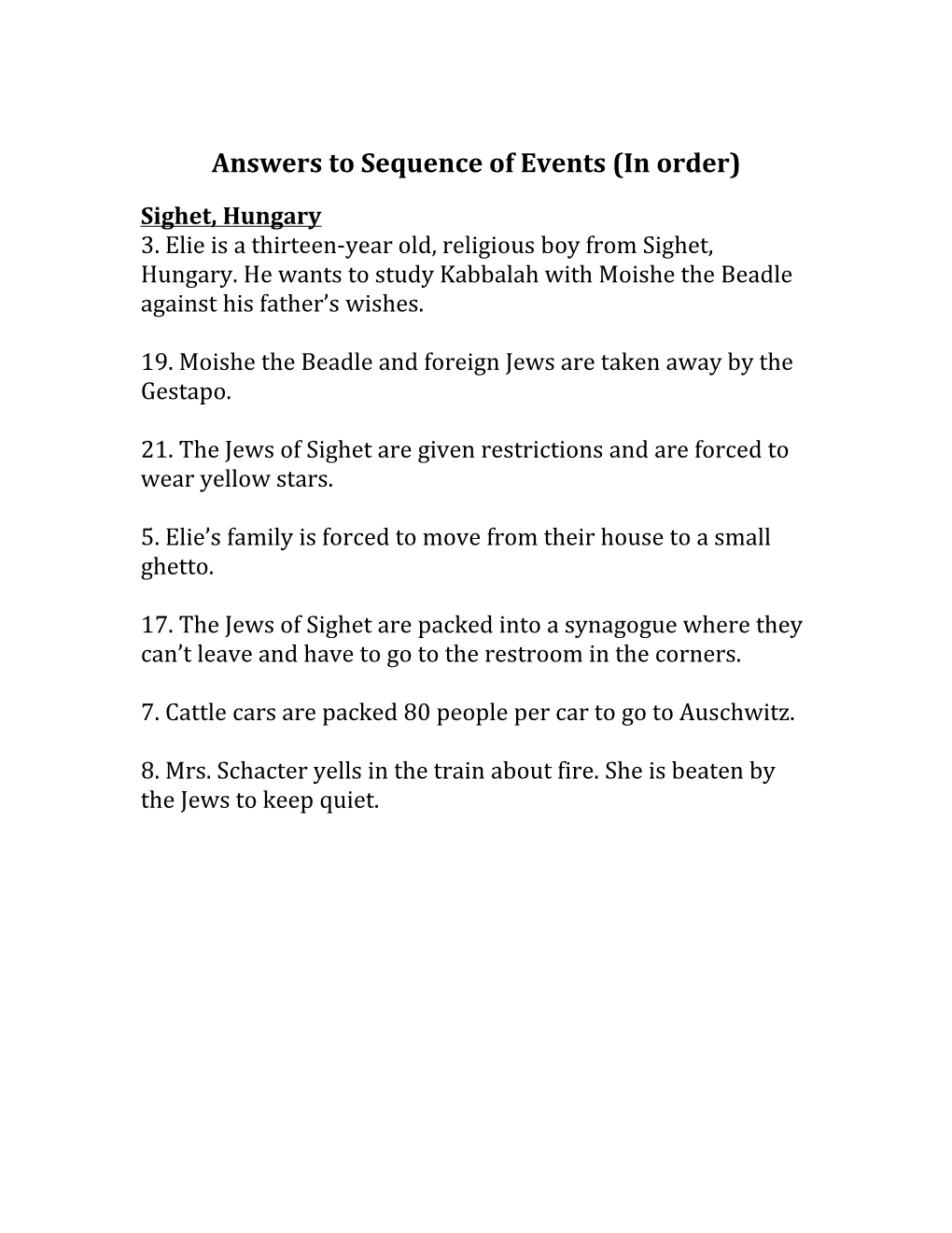 Answers to Sequence of Events (In Order)