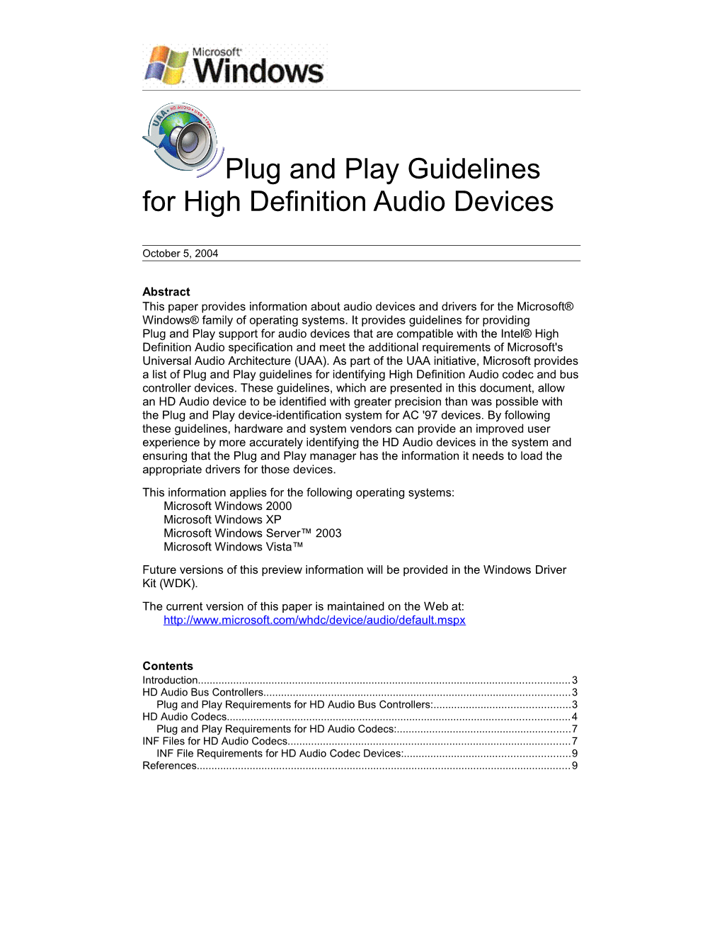 Plug and Play Guidelines for High Definition Audio Devices
