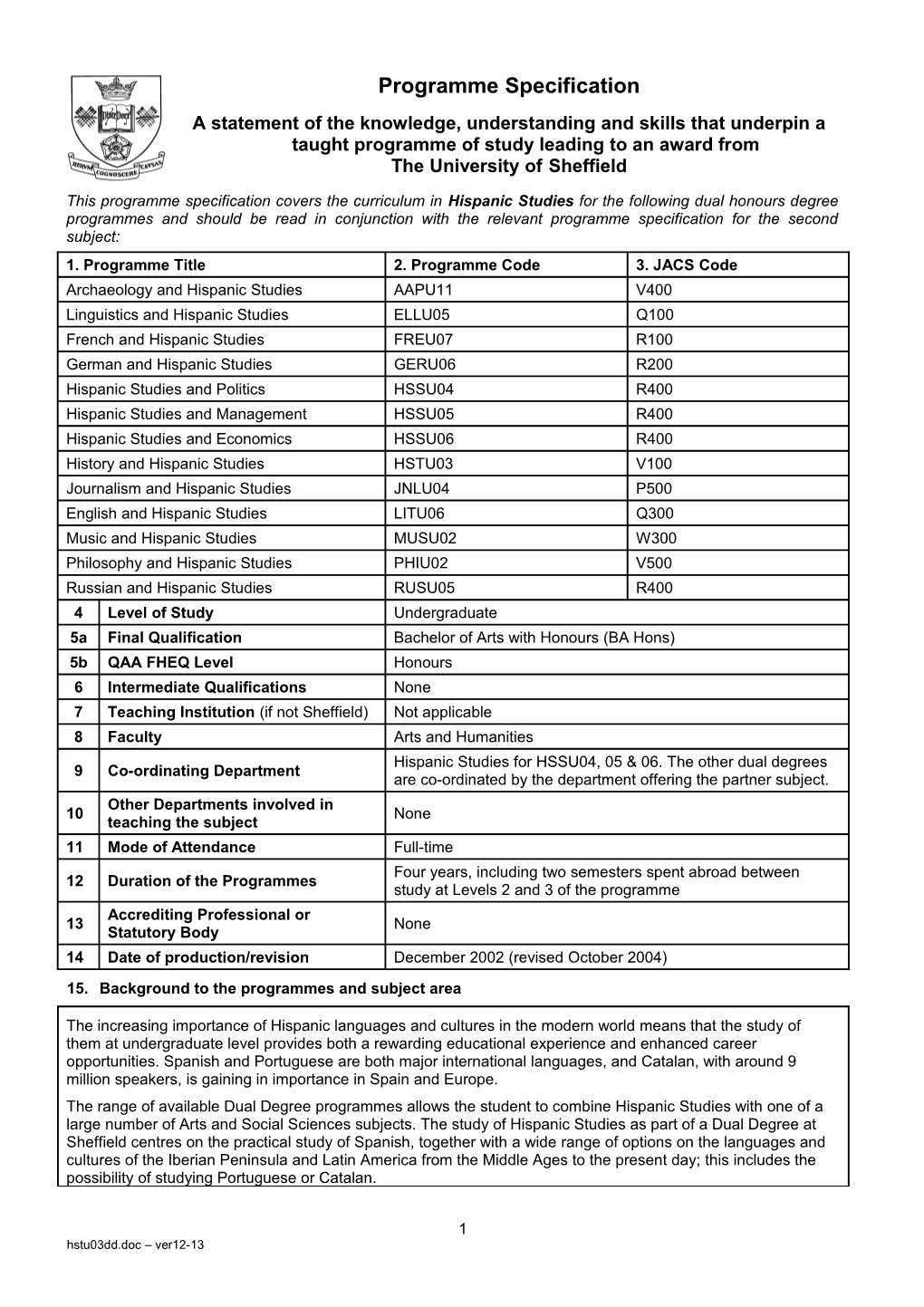 15. Background to the Programmes and Subject Area